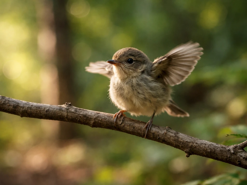 Small fledgling perched on a branch, sunlight illuminating it as it appears to learn to fly.
