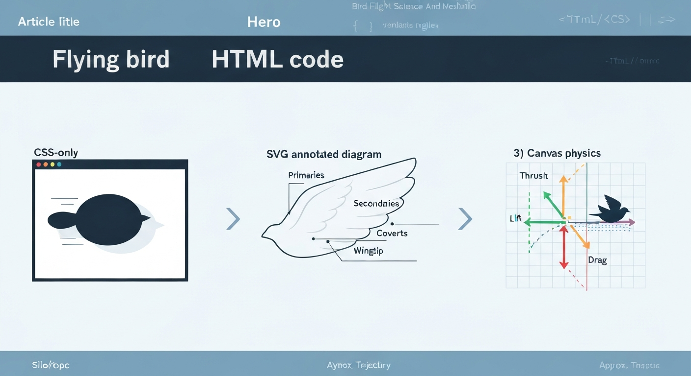 Three-panel hero illustration showing a CSS bird flying across a webpage mockup, an annotated SVG wing diagram, and a Canvas physics view with lift/thrust/drag arrows and a trajectory arc.