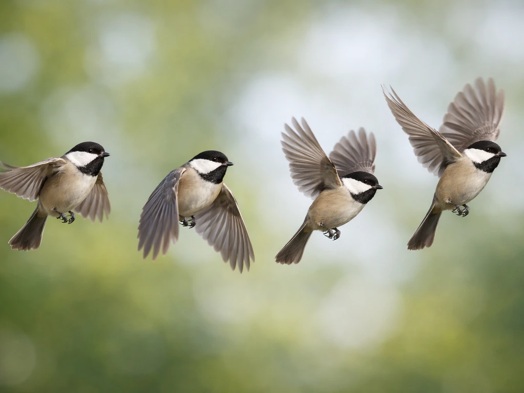 Four motion snapshots of a small bird showing wing phases and body bob up and down.