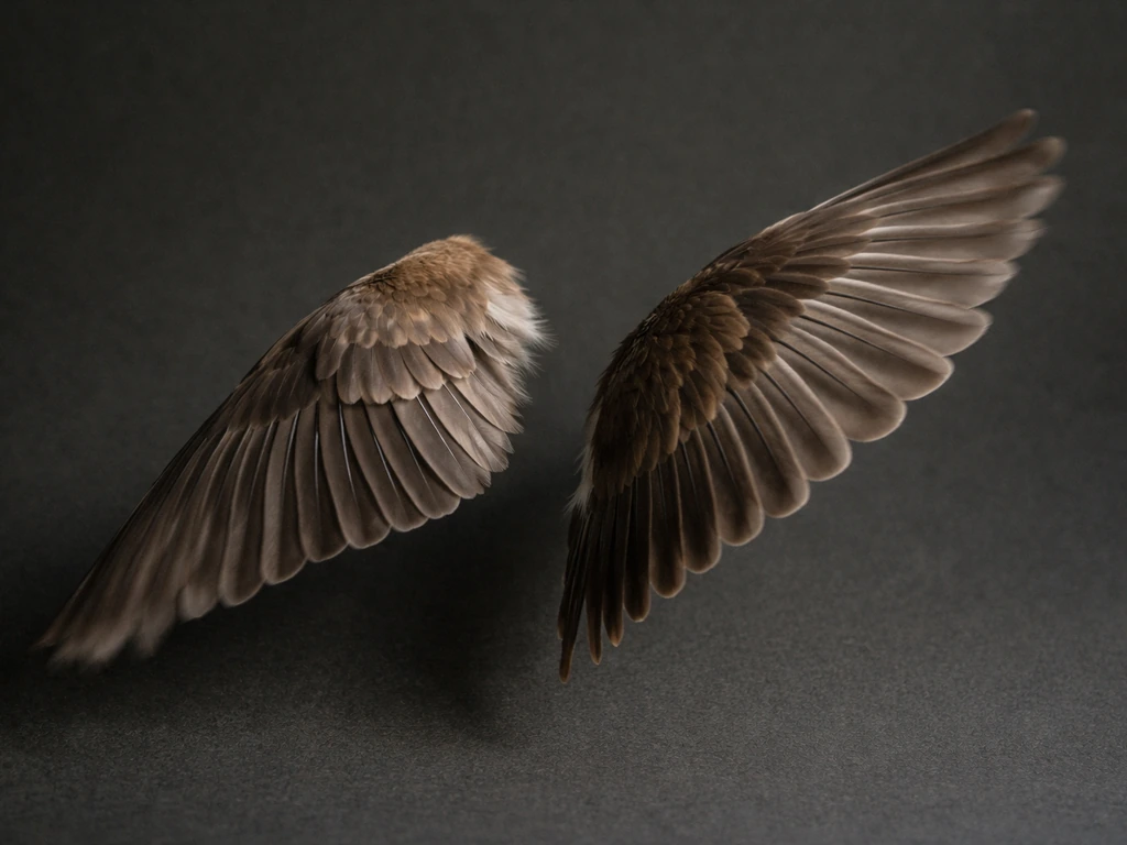 Side view of a bird wing in mid-flight showing delayed wing-tip lag on downstroke and relaxed recovery on upstroke.