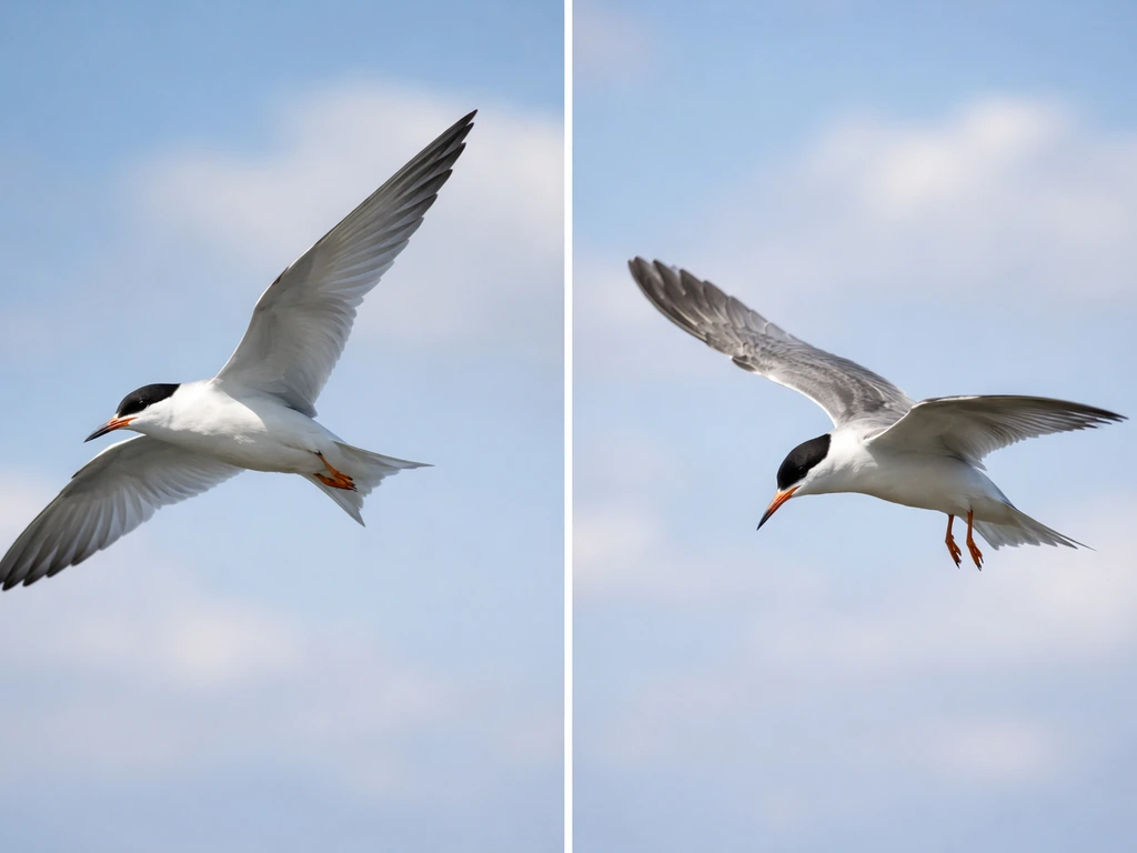 Two side-by-side photos of a generic bird: banking with lift vs drooping as it loses lift.