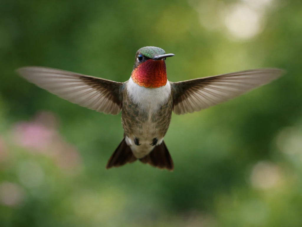 A hummingbird hovering midair with blurred wings, showing helicopter-like stillness and motion.