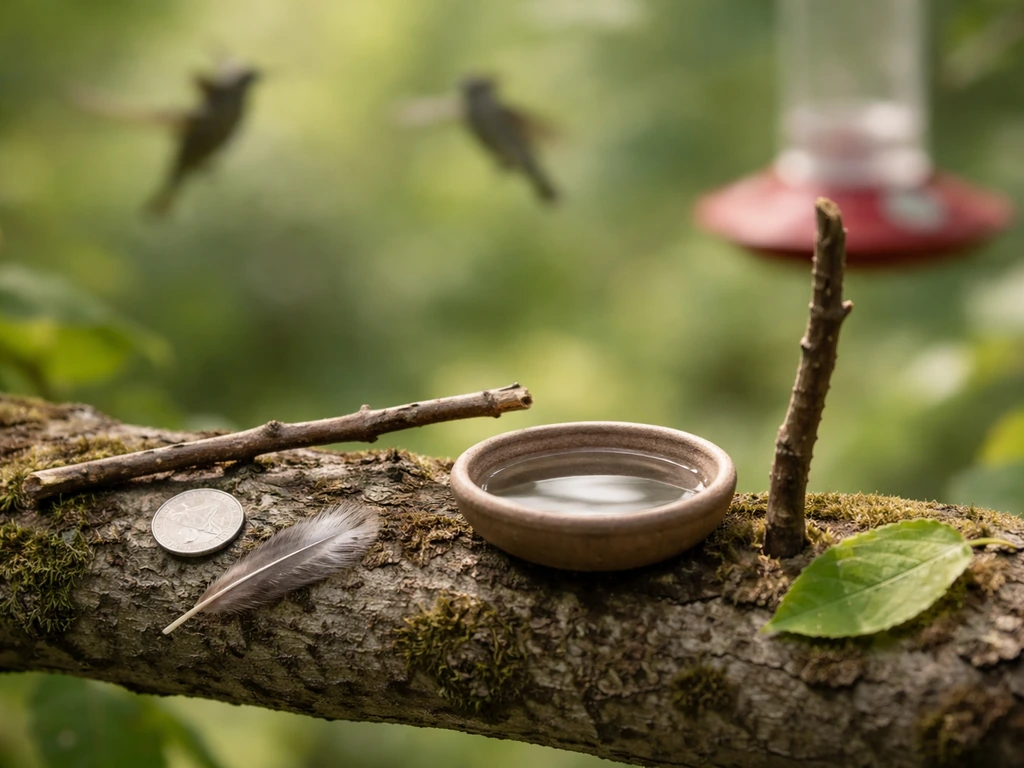 Hummingbird and kestrel field-check objects arranged on a branch by a feeder for quick species identification