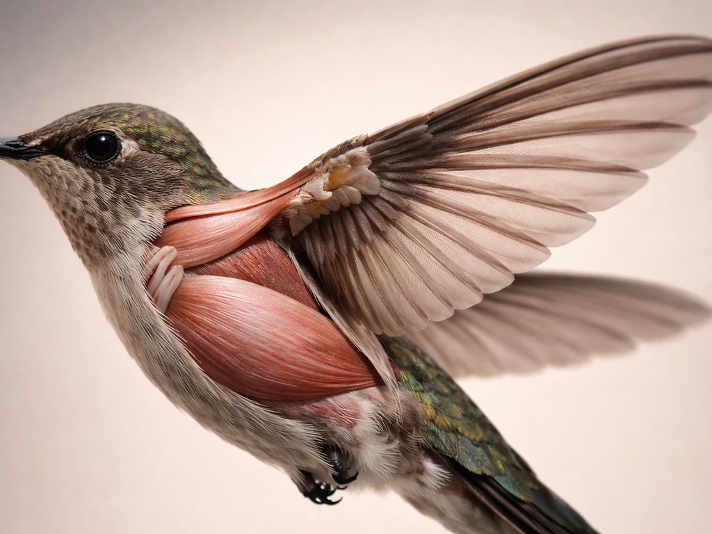 Cutaway close-up of hummingbird chest muscles and wing structure for hovering flight, minimal studio background.