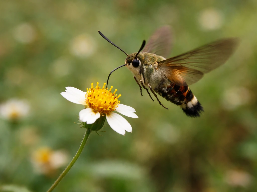 Hummingbird hawk-moth hovering at a flower, wings blurred from fast wingbeats.