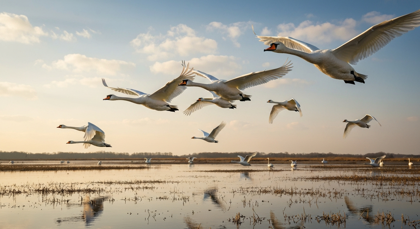 Flock of swans flying in V-formation over a wetland at golden hour, reflected in the water.