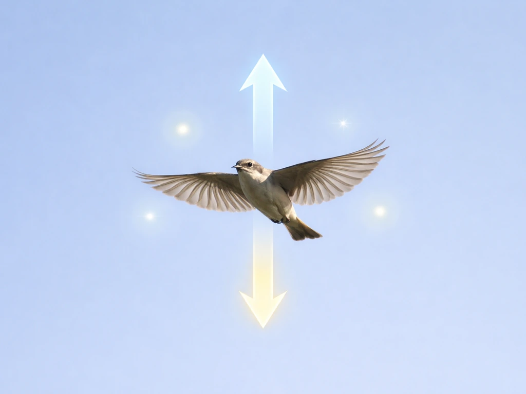 A bird flying level with subtle upward and downward force arrows over a clear sky.
