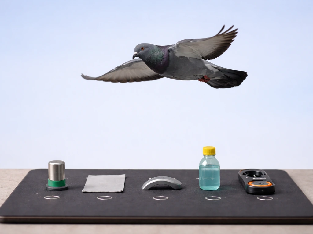A rock pigeon in flight over open sky with a simple setup showing key aerodynamic inputs and units