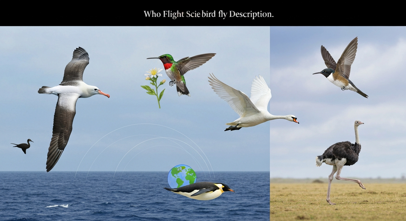 Natural-history style collage showing bird flight diversity: albatross soaring, hummingbird hovering at a flower, swift in flight, mute swan flying, ostrich running, emperor penguin diving, and silhouette of an extinct elephant bird; small globe inset with migration arcs.