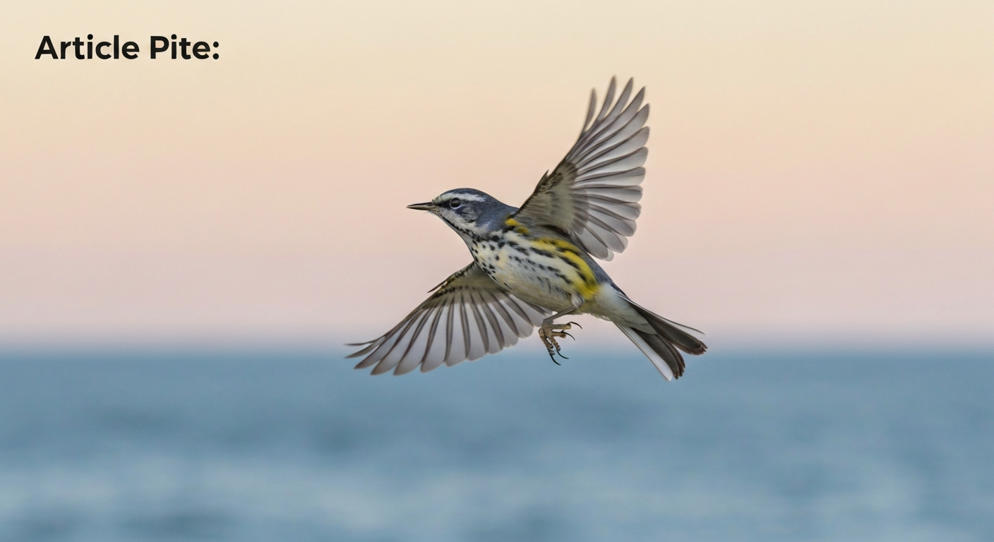 Blackpoll Warbler flying over the Atlantic at dawn, illustrating long-distance migration.