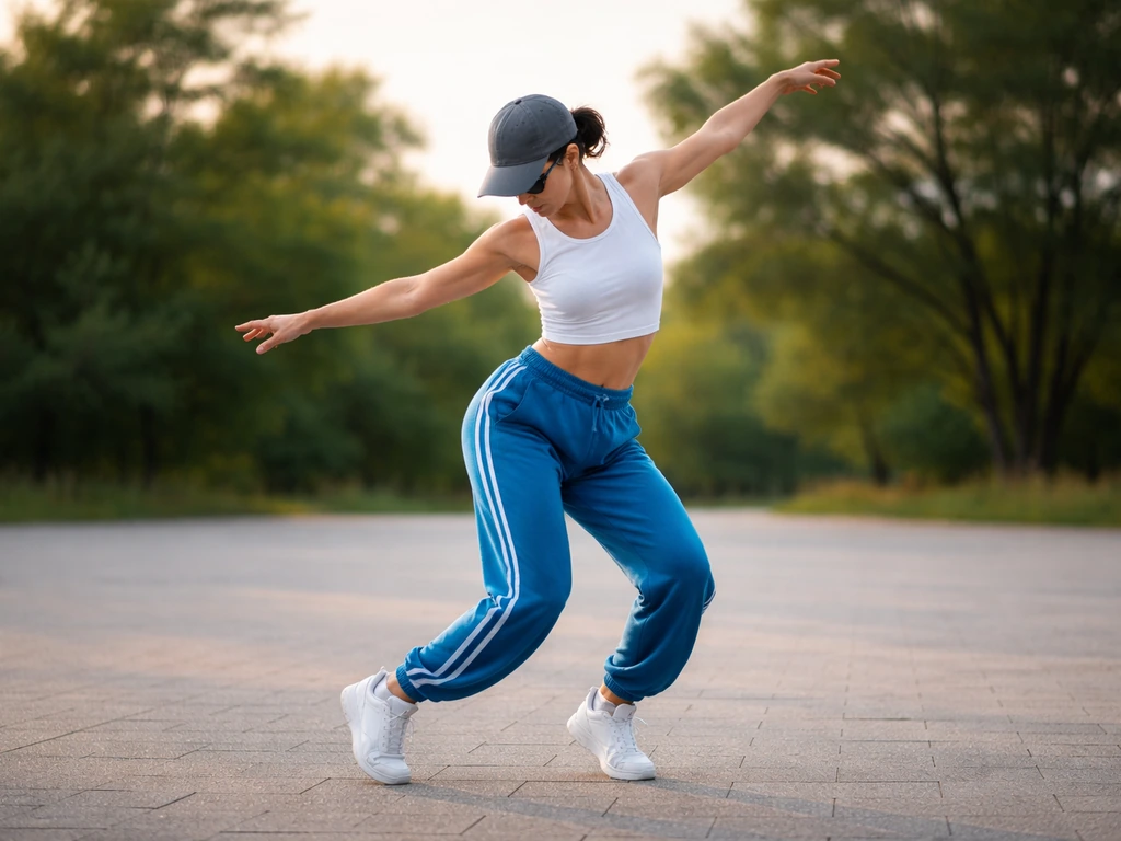Anonymous dancer performing birdlike line-dance wing-arm and stepping moves outdoors.