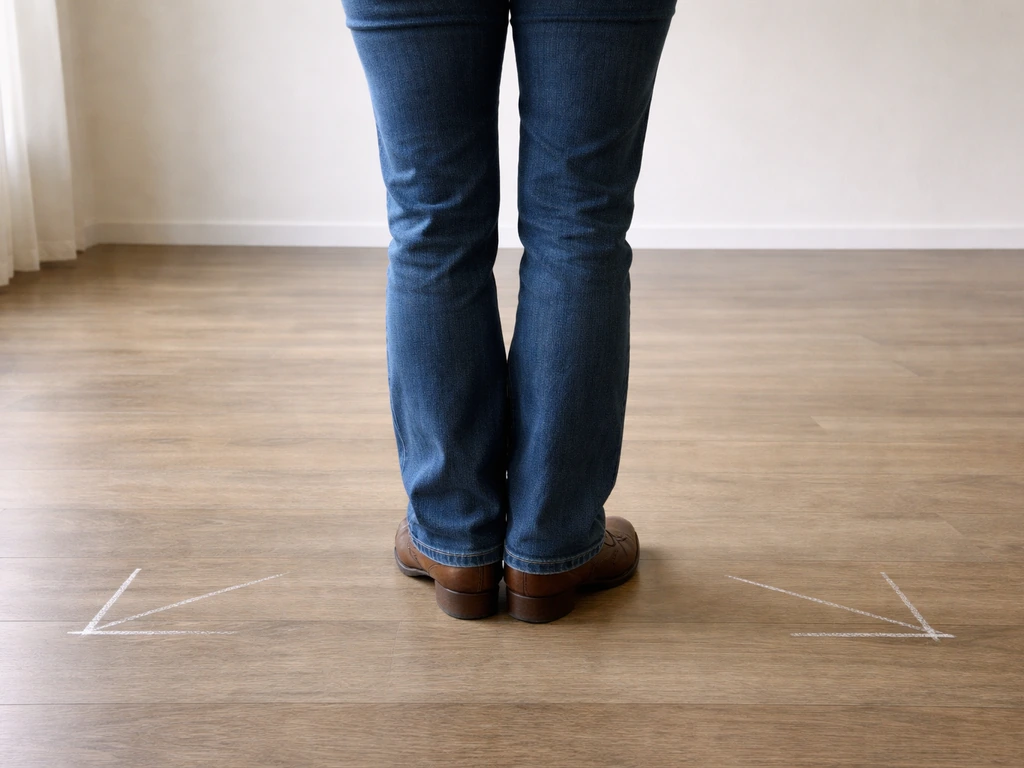 Anonymous dancer’s feet set together in a line-dance starting stance, weight centered and oriented to 9 o’clock.