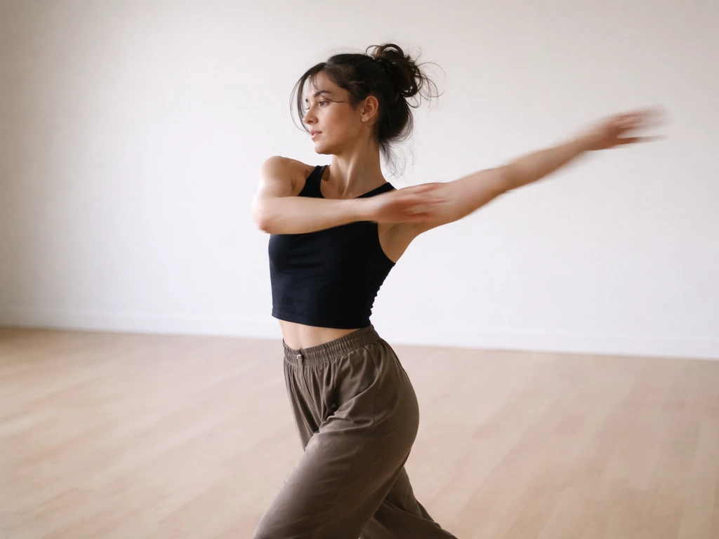 Dancer in mid-movement with cross-and-unwind arms, creating a smooth birdlike flight path in a quiet studio.