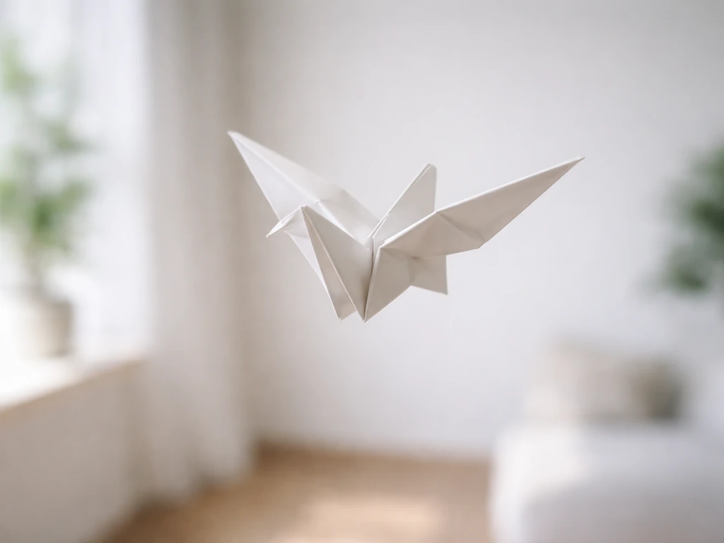 A crisp origami paper bird flying mid-air with spread wings against a minimal bright background