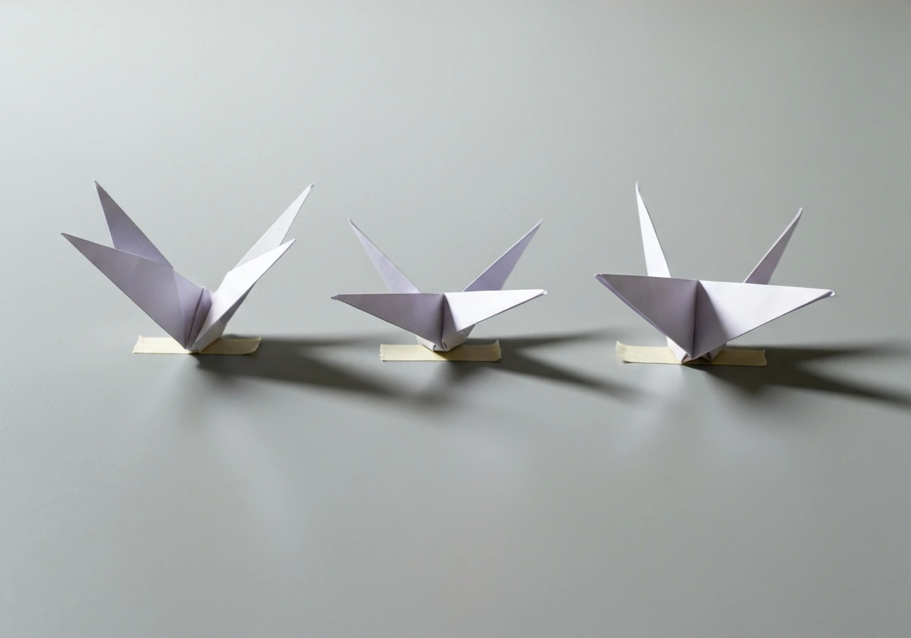Three folded paper birds on a level table showing different wing dihedral angles and balance.