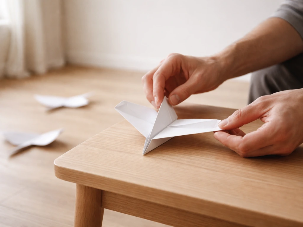 Hands adjust a small folded bird glider on a table during indoor troubleshooting.