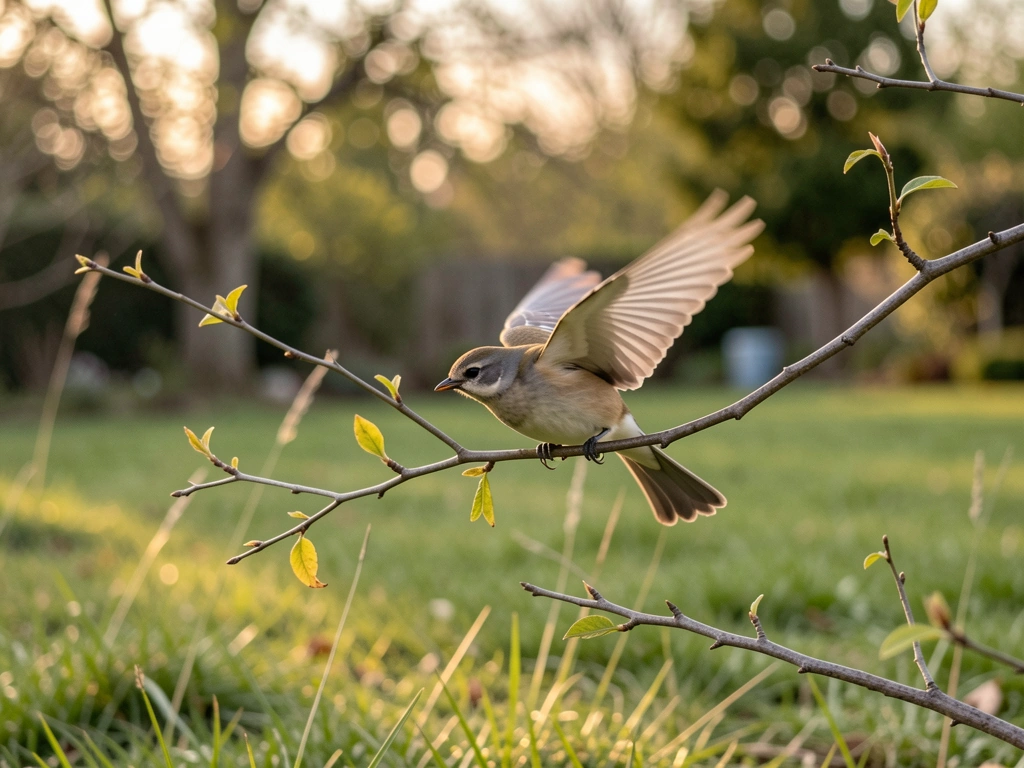 Bird landing sequence with into-wind approach and wing flare above a perch