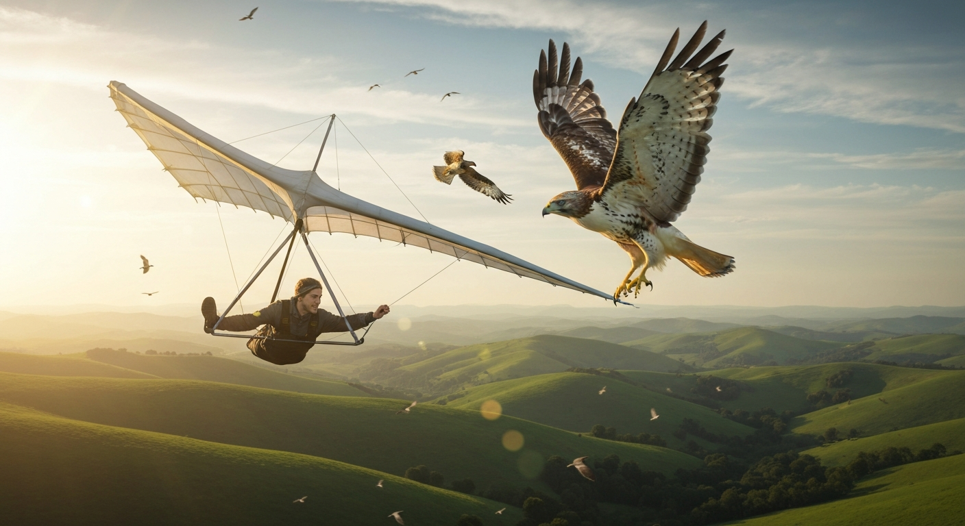 A hang glider and a red-tailed hawk soaring together over rolling hills at golden hour, sunlight glancing off the wing and feathers.