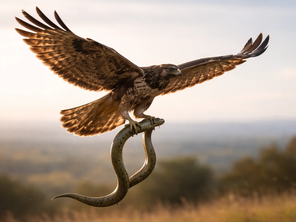 A raptor in flight carrying a snake in its talons against a blurred sky and landscape.
