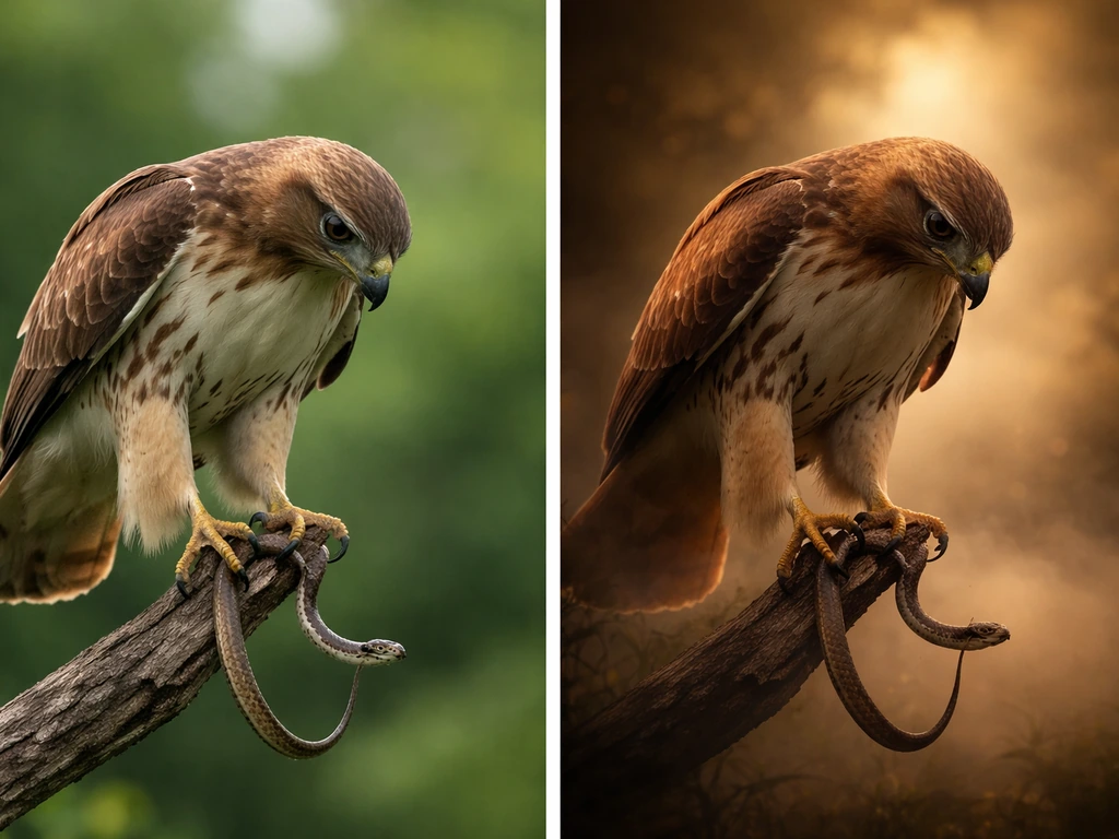 Split scene showing a raptor gripping a snake, with contrasting literal vs symbolic mood.