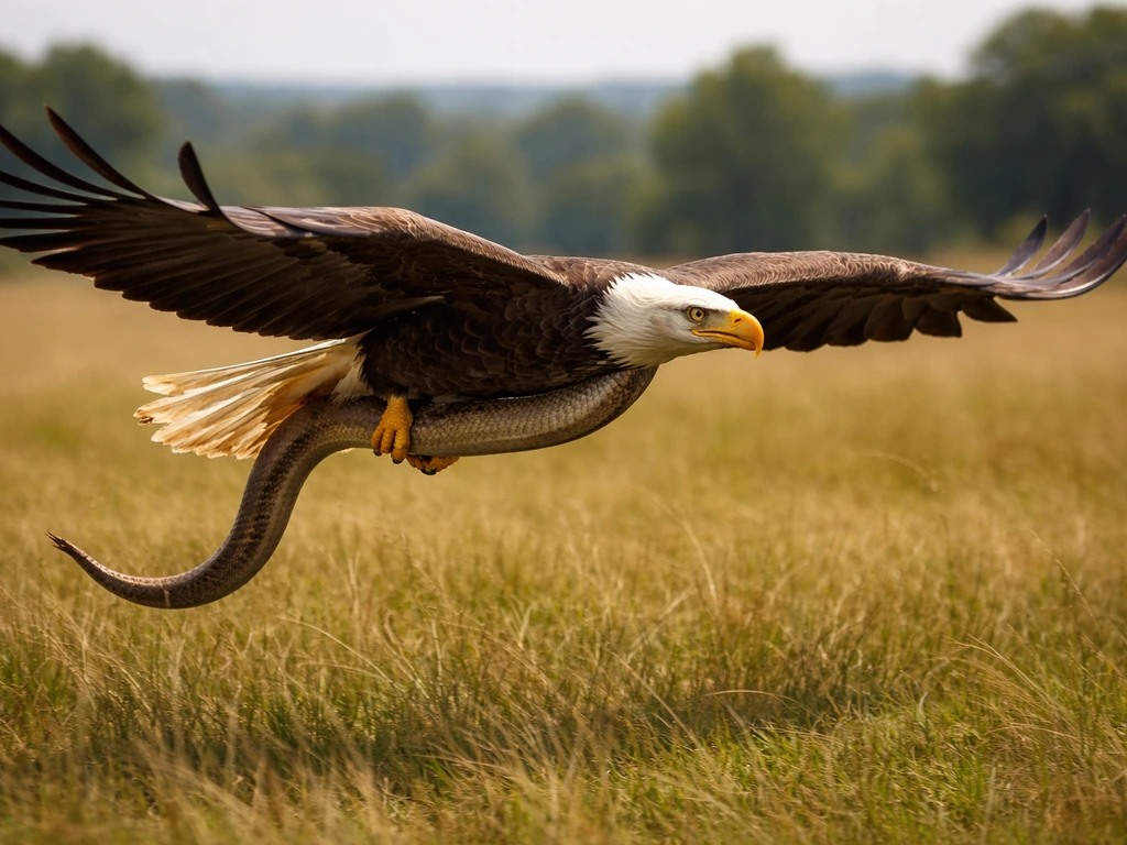 An eagle flying low with a snake gripped in talons, captured mid-flight over open grassland.