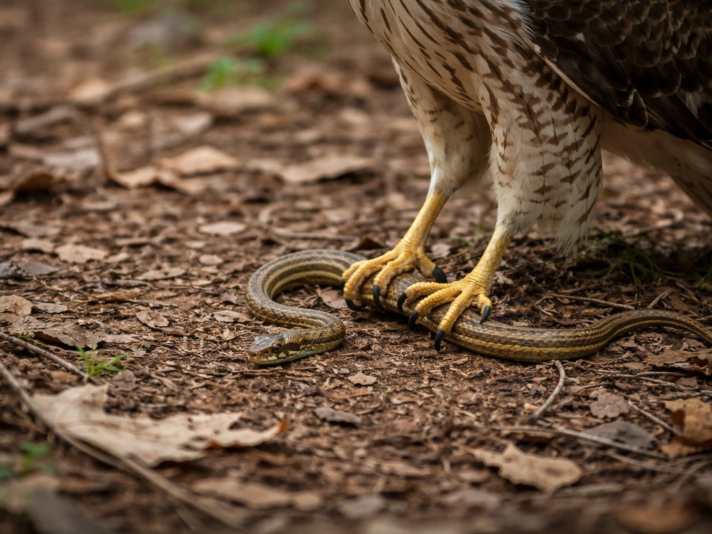 Raptor talons holding a small snake on a forest floor in natural daylight.