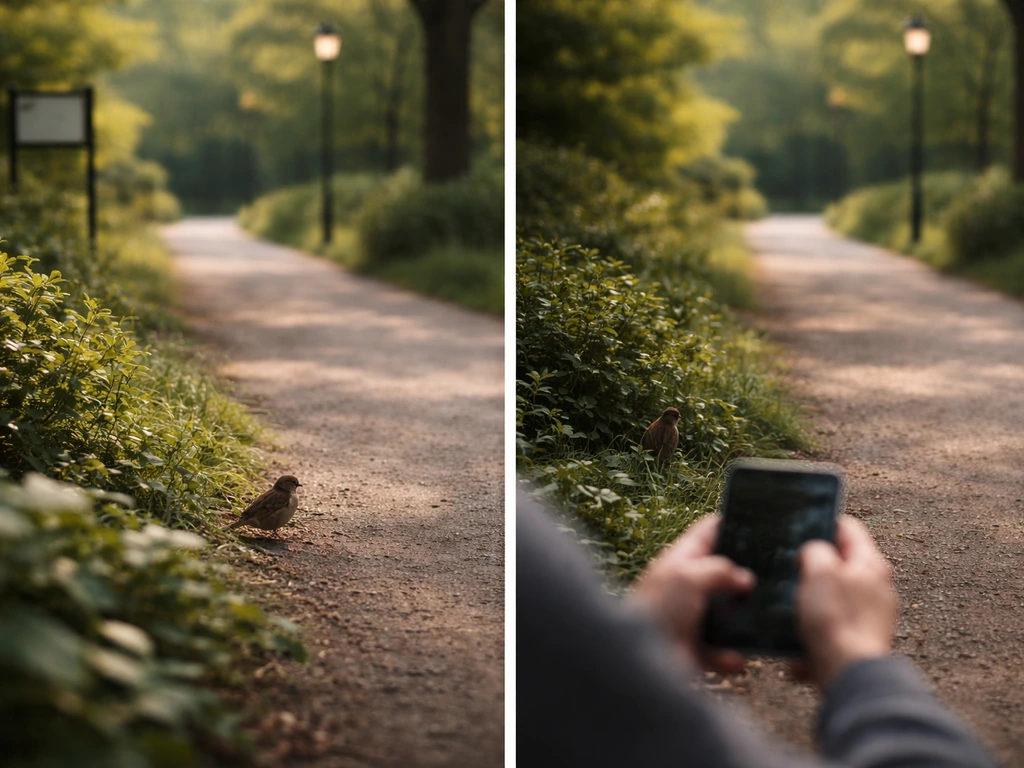 Side-by-side park frames showing the same scene with different context cues: bird vs a person’s focused perspective.