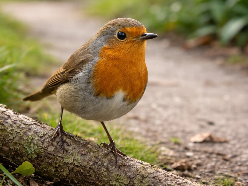 Close-up of a small robin-like bird perched outdoors with visible feather colors and alert hopping behavior.
