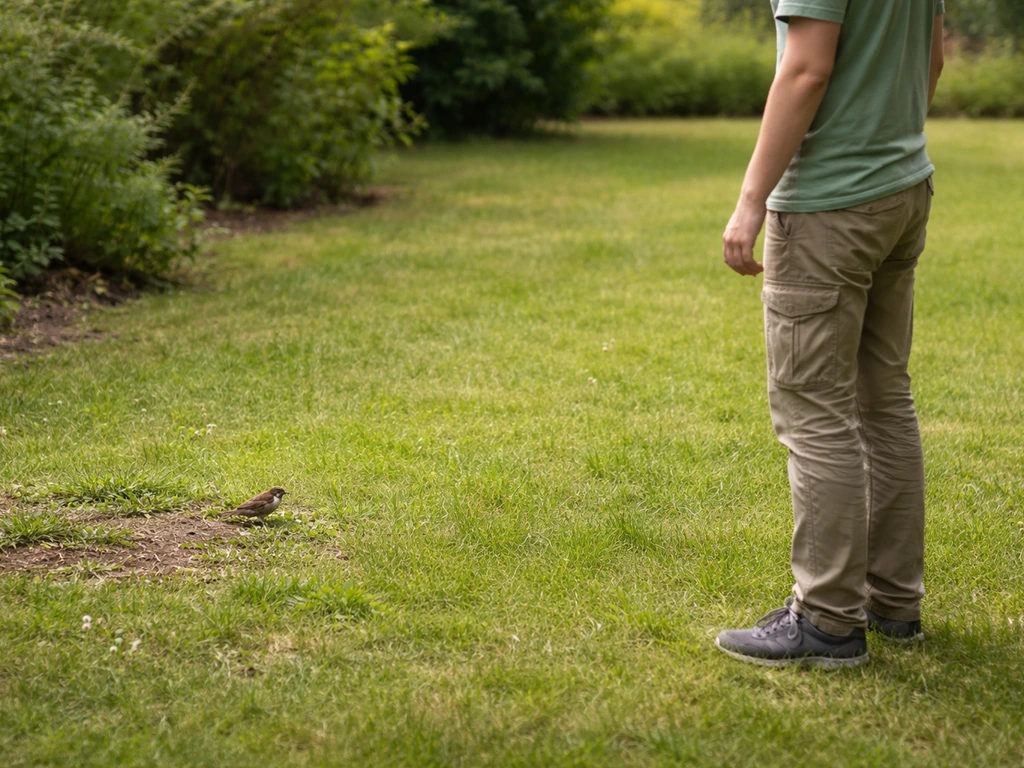 Person standing at a respectful distance watching a grounded bird in a quiet outdoor yard