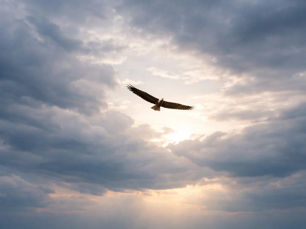 A soaring bird gliding high above dramatic clouds, conveying effortless freedom and temptation.