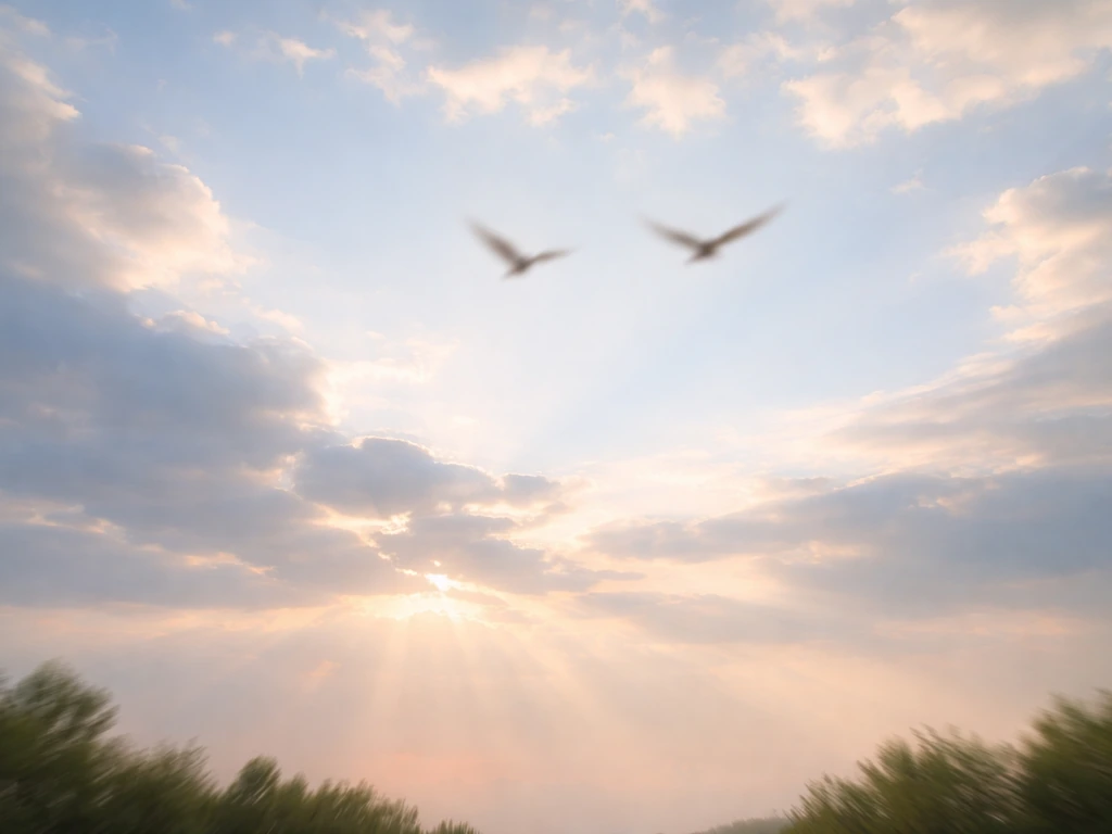 Open sky with distant birds and sun rays, suggesting effortless freedom and upward flight.