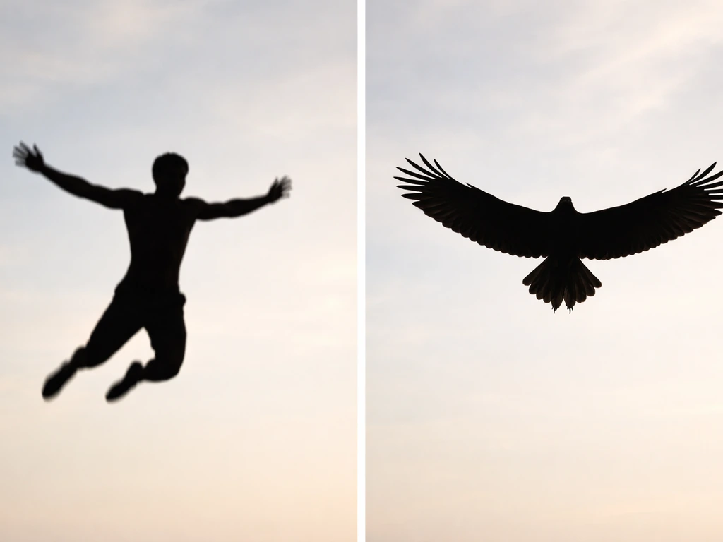 Side-by-side silhouettes: human arms vs a bird’s wide wings to show why humans can’t flap-fly like birds.