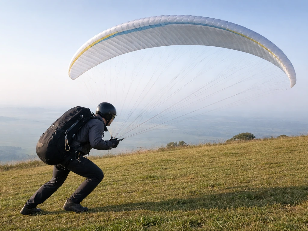 Paragliding pilot in streamlined takeoff posture with partially inflated canopy on a grassy hill.