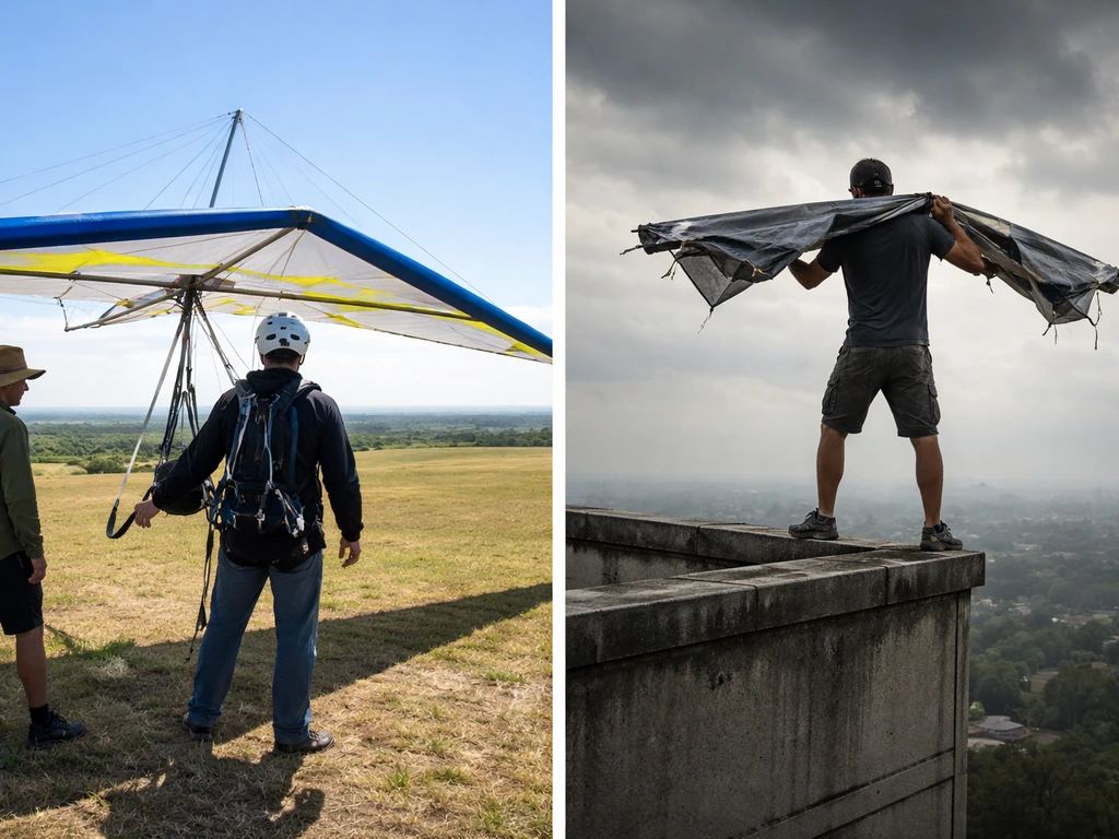Split-scene photo showing safe supervised hang gliding in a landing zone versus an unsafe improvised launch from a rooft