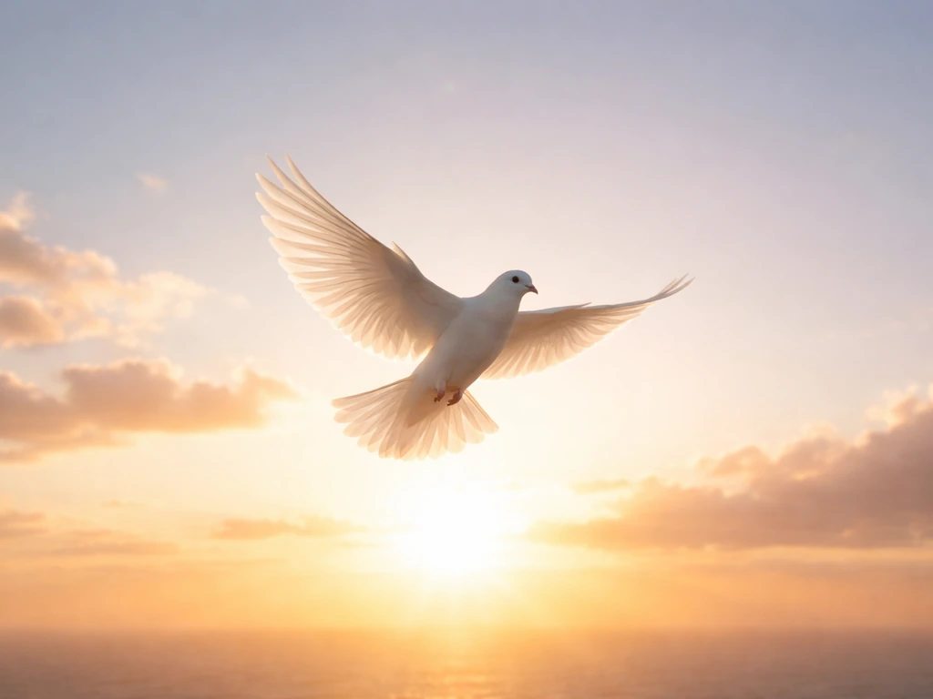 A white dove flying above a bright sunrise horizon, symbolizing hope and good luck.