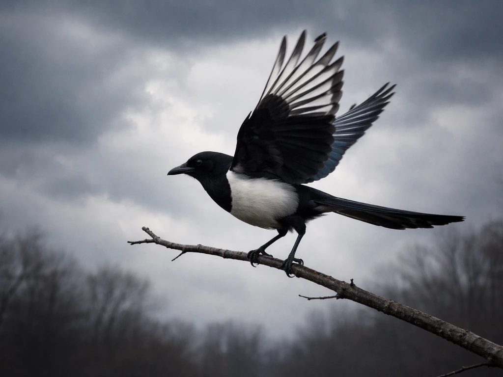 Magpie perched on a bare branch, launching into flight against a moody stormy sky.