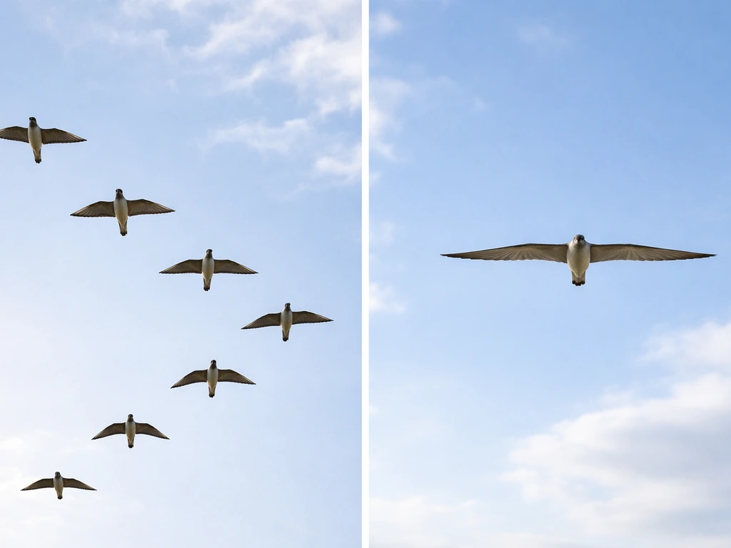 Two-panel sky view showing V-formation flight on one side and steady soaring on the other.