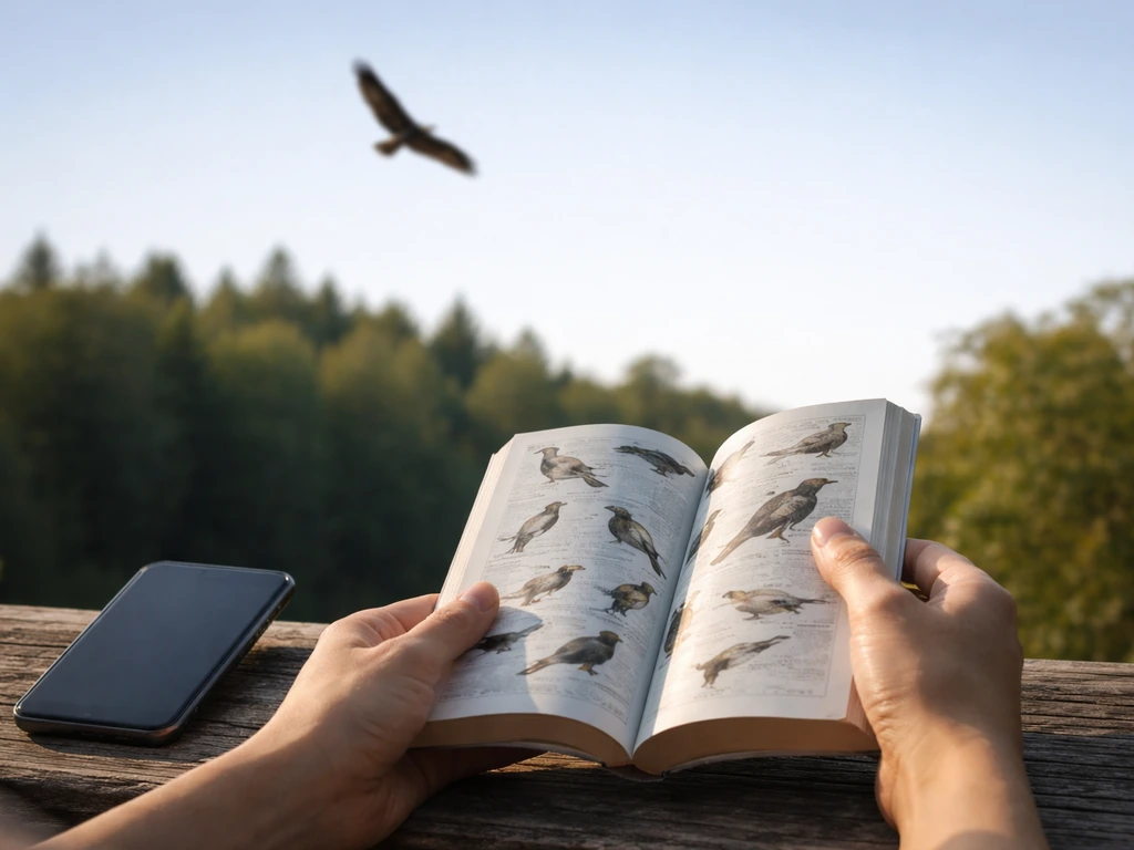 Hands holding a bird field guide and phone while a large dark raptor glides overhead