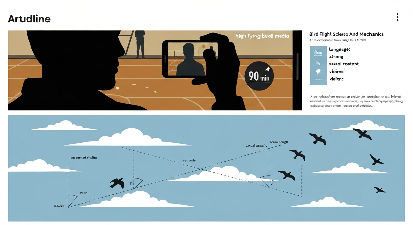 Split illustration: upper cinematic smartphone-shot scene (generic silhouettes, film checklist icons) and lower sky with birds and sight-line diagrams showing perceived vs. actual altitude.