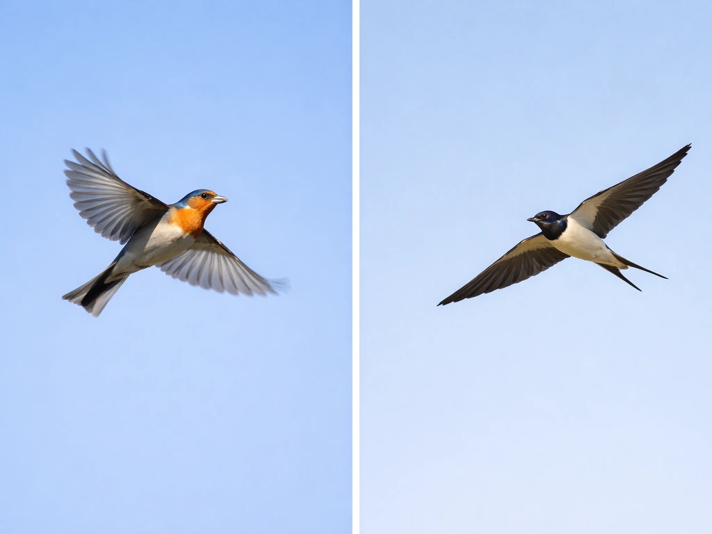 Two contrasting birds in flight: one flapping with powered motion, one gliding with wings held steady.