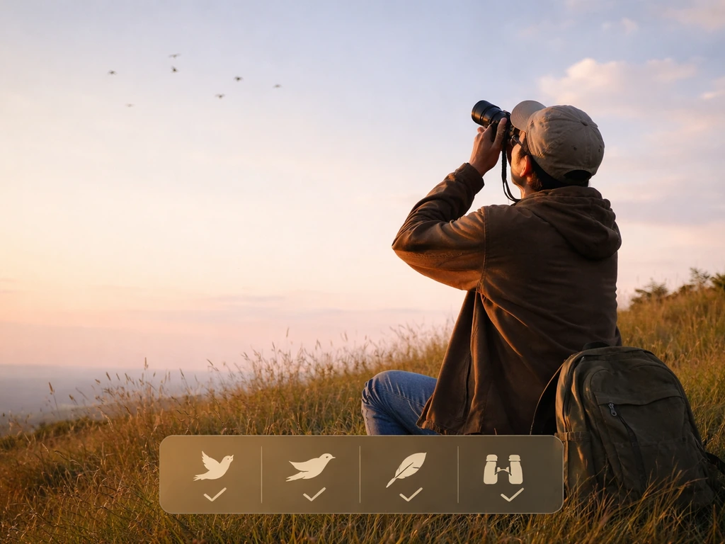 Anonymous observer kneels on a grassy hill, using binoculars and camera pointed at birds overhead.