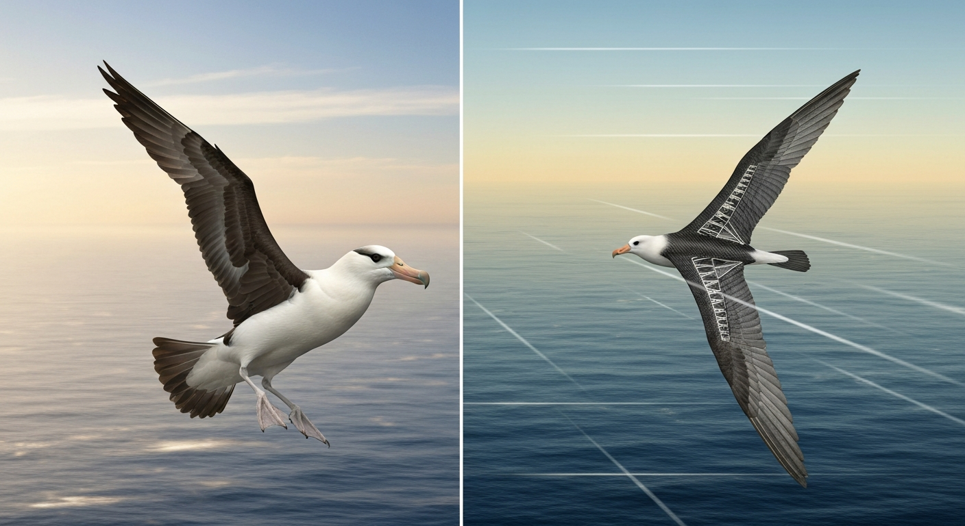Stylized composite of a bird smoothly transitioning into a biomimetic ornithopter in flight above the ocean, illustrating wing morphing and bird-like flight.