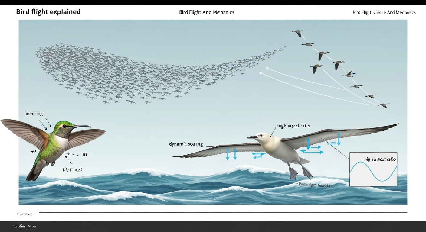 Panoramic scientific illustration of different bird flight modes: hovering hummingbird with lift/thrust arrows, dynamic-soaring albatross over ocean, V-formation geese with wingtip vortices, and a murmuration silhouette.