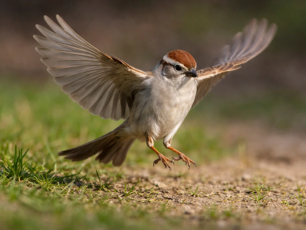 Bird with wings flared in near-stall, feet poised just above the ground in a first-touch moment.