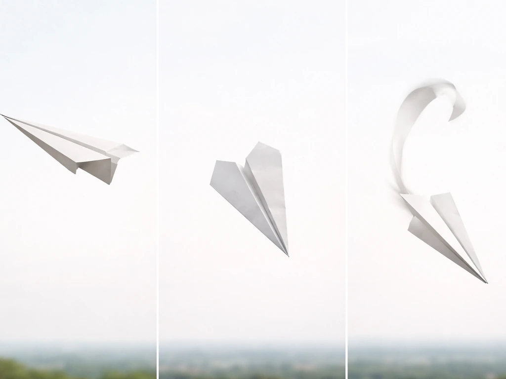 Three paper birds in a minimal side-by-side photo showing glide, drop, and looping flight paths