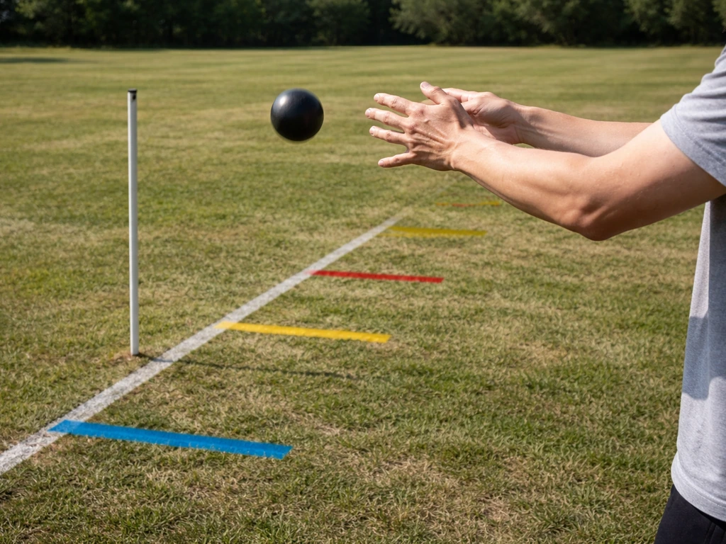 Hands releasing a ball from shoulder height in a marked test lane with tape guides on the ground.