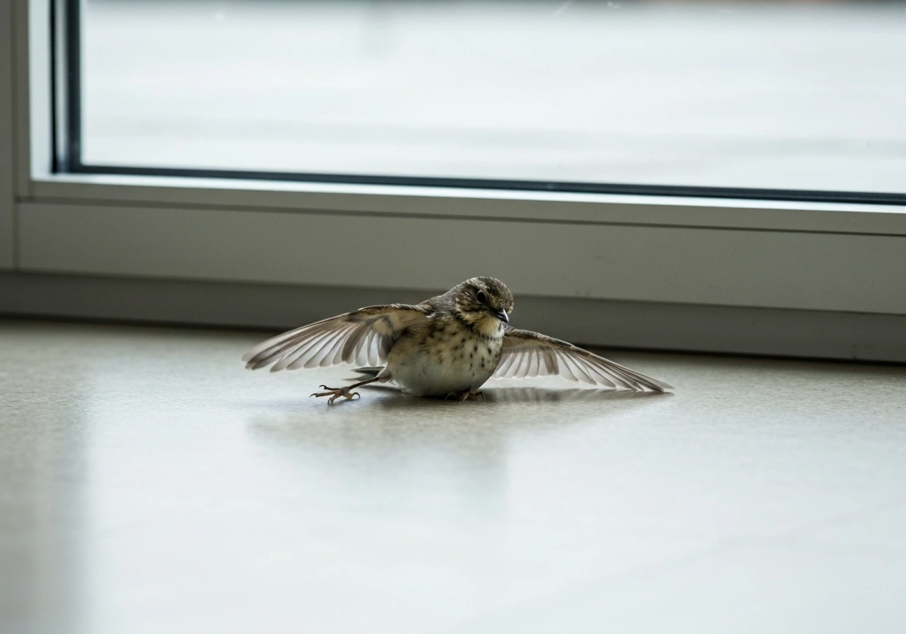 Injured-looking bird on the ground near a window, wings slightly open, showing disorientation.