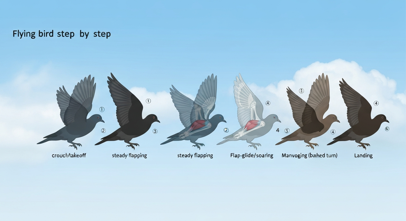 Infographic-style illustration of one bird shown in six overlapping flight phases from takeoff to landing, with a central anatomical overlay.