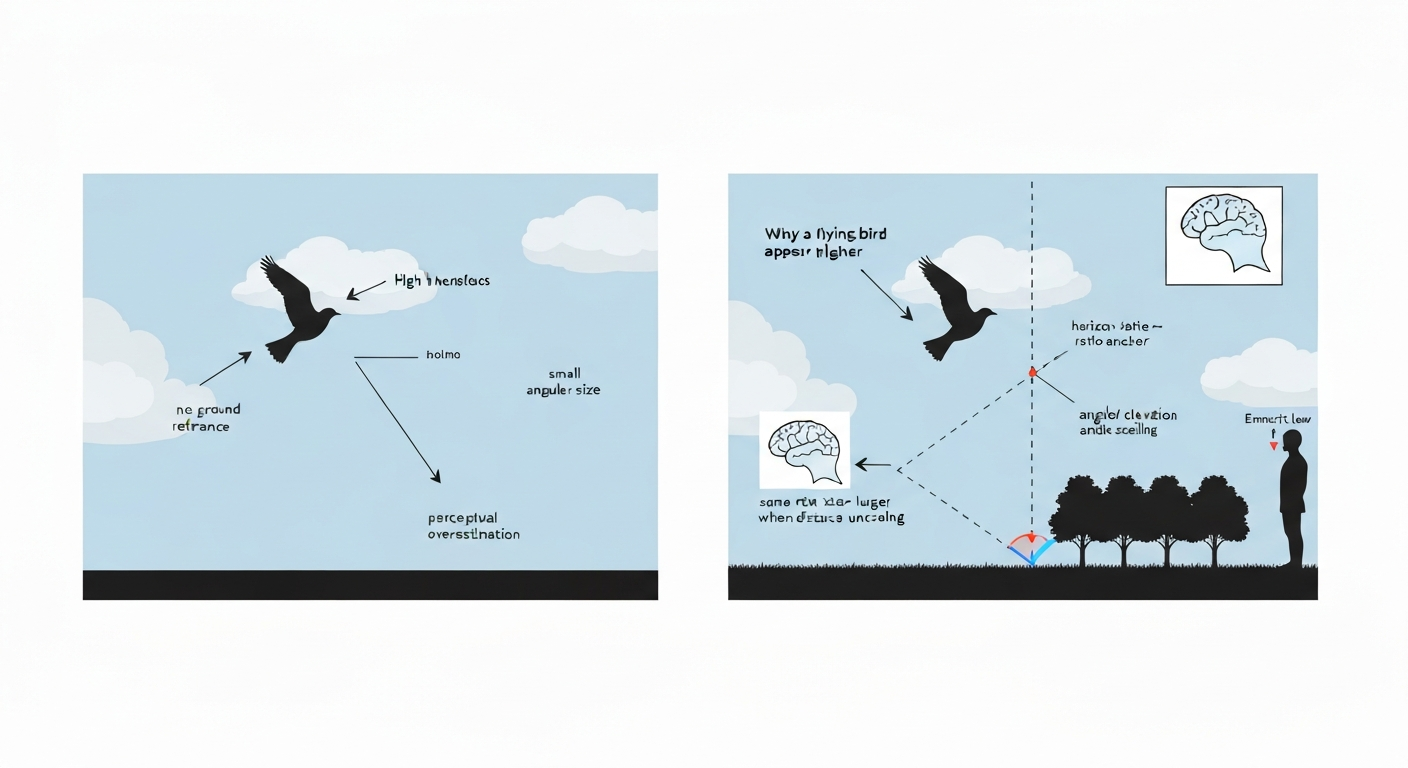 Infographic split: bird against blank sky (no horizon) versus bird with horizon and observer; labels show lack of reference causes overestimation.