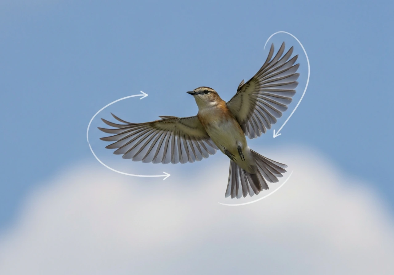 A bird gliding in powered flight, wings spread, with visible airflow and feather detail in a clean sky scene.